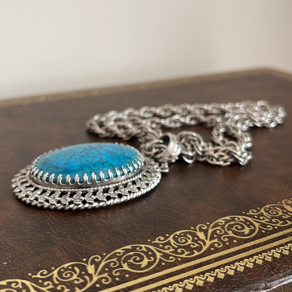 ❗️SOLD❗️Whiting & Davis Silver Tone Faux Turquoise Necklace Pendant - Picture 7 of 7